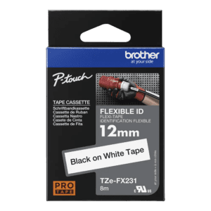 Cinta Brother Tzefx231 Cinta laminada flexible texto negro sobre fondo blanco 12 mm.