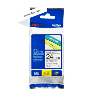 Cinta Brother Tze251 Cinta Laminada texto negro sobre fondo blanco  24 mm.